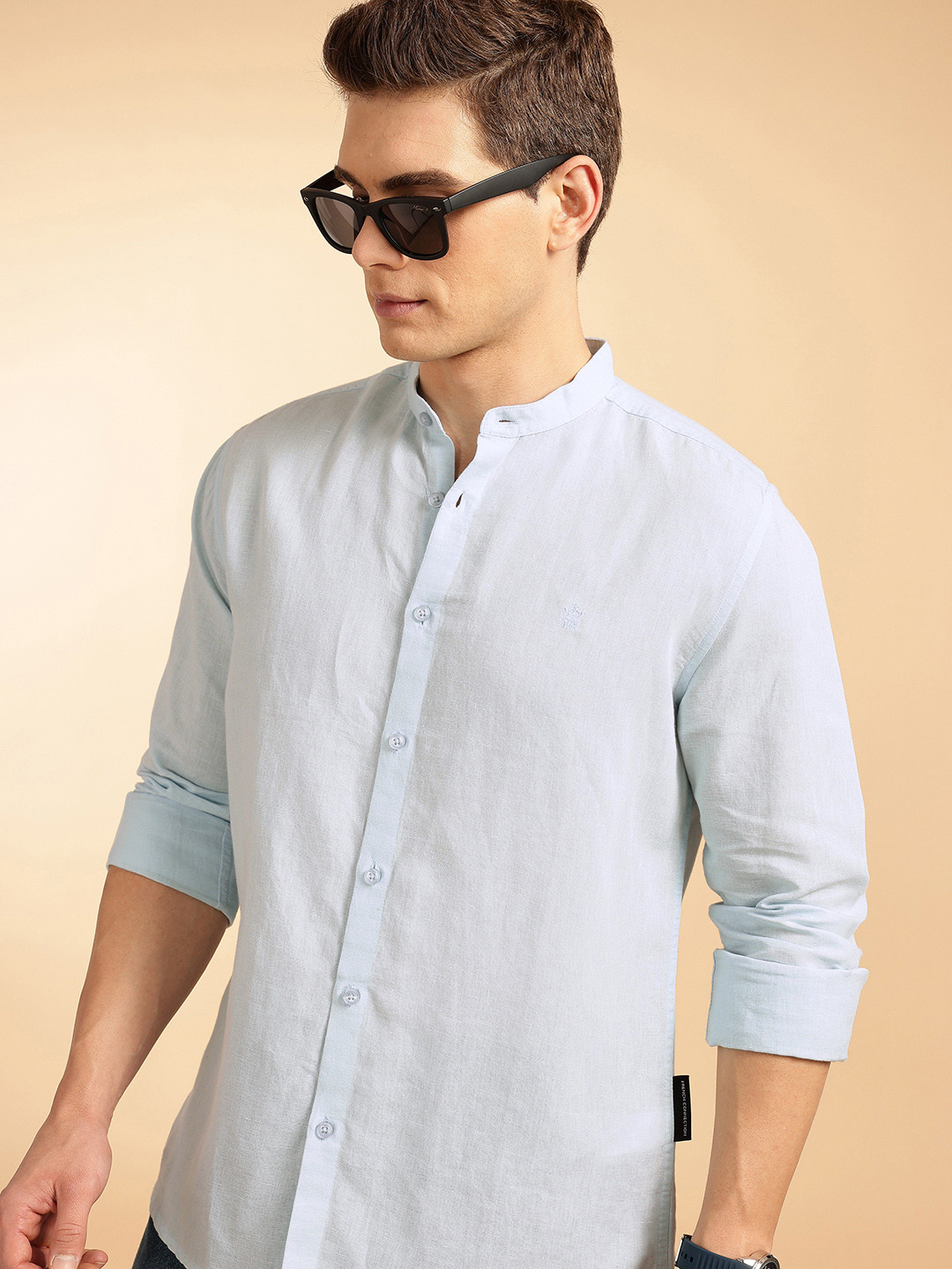 French Connection Slim Fit Mandarin Collar Linen Shirt