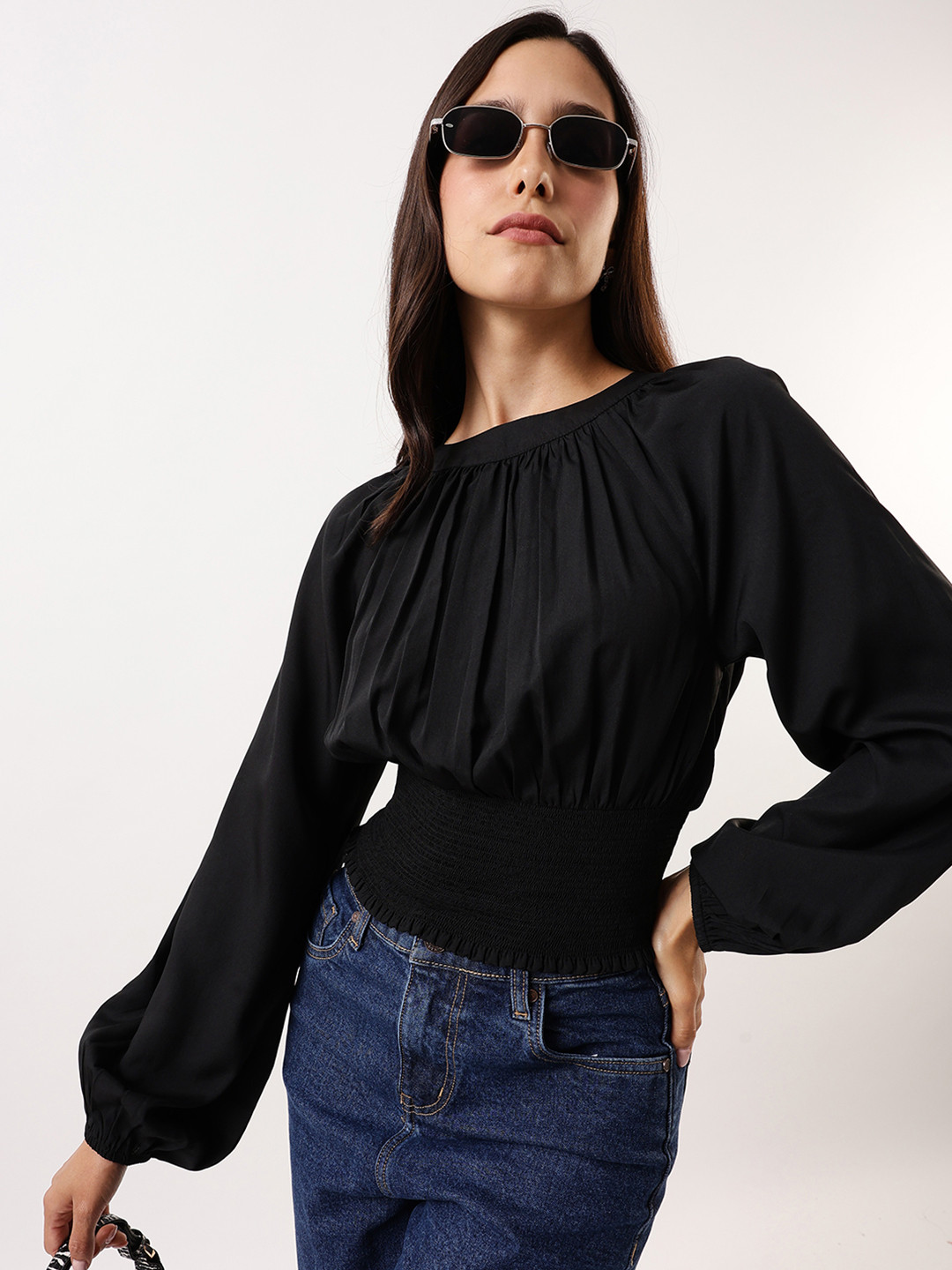 DL Woman Solid Smocking Round Neck Blouson Top