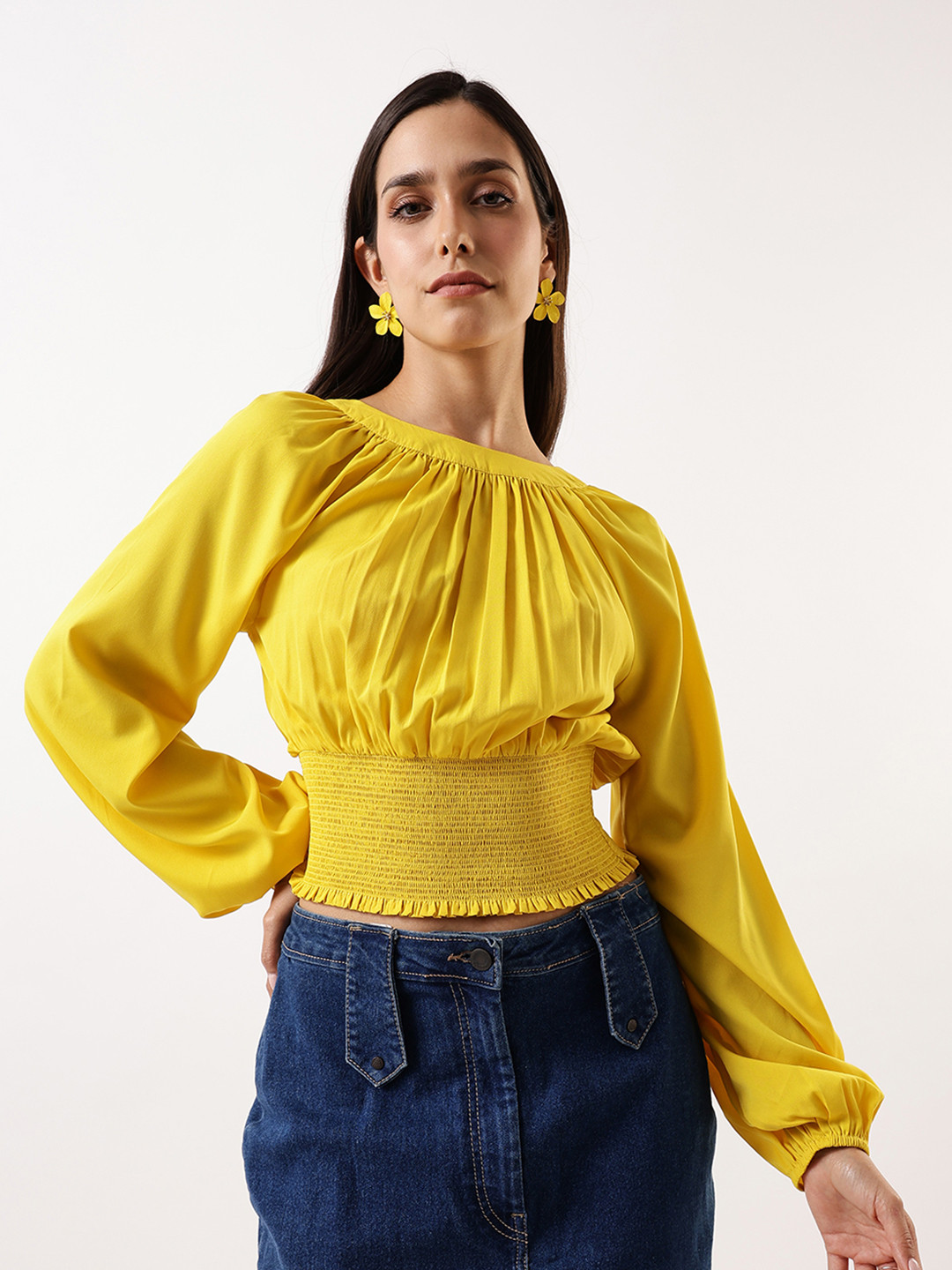 DL Woman Solid Smocking Round Neck Cotton Blouson Top