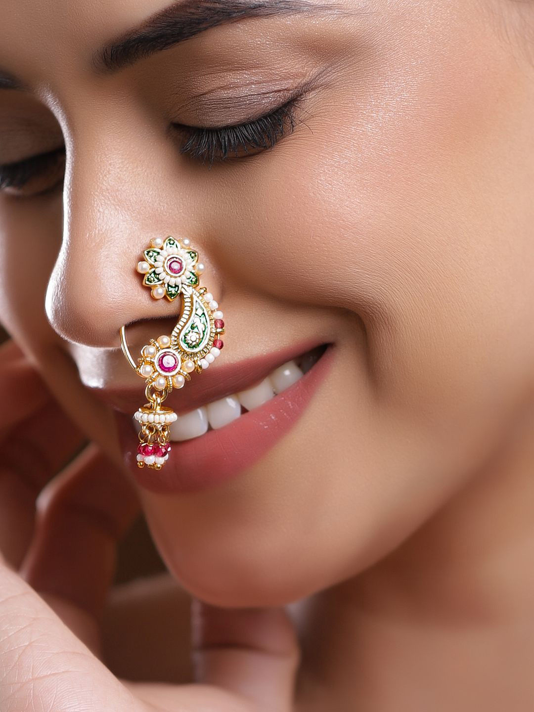 Rubans 18K Gold-Plated Floral Enamel Green & Ruby Pink Stone Nath Nose Pin with Pearl