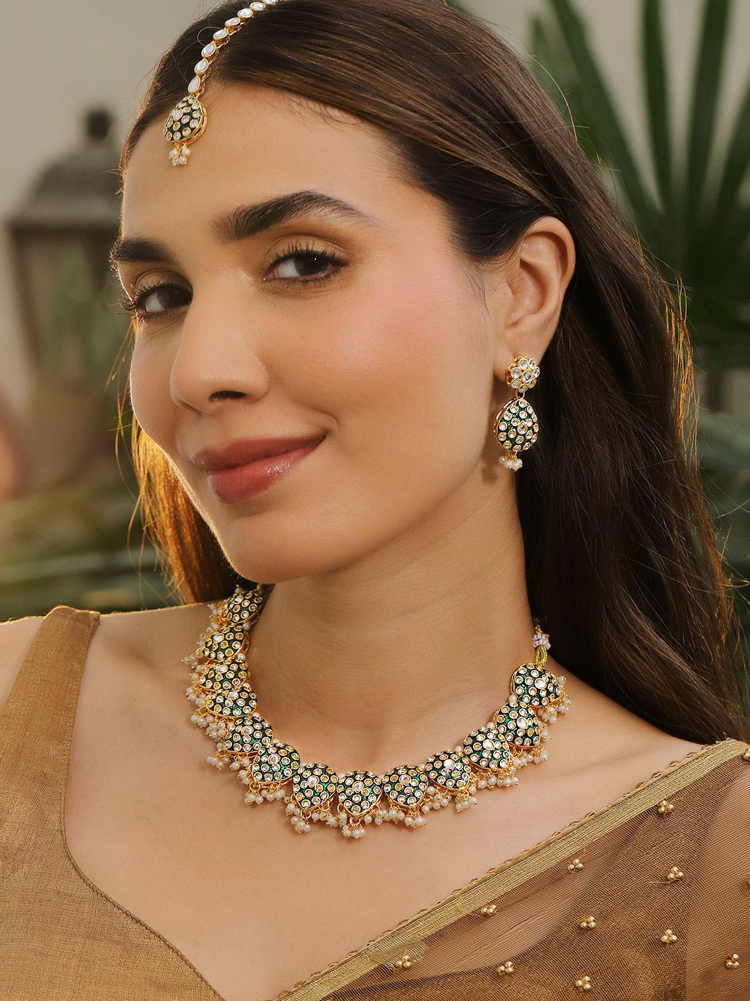 Rubans 22K Gold-Plated Green Enamel Pearl Bead Drops Kundan Studded Necklace Set