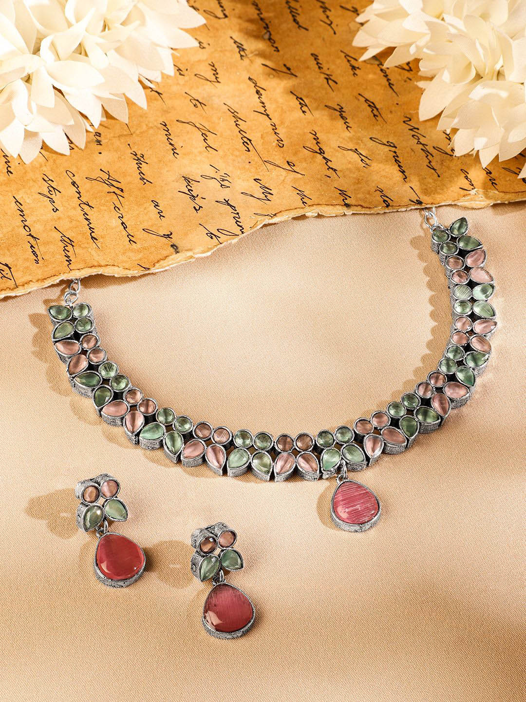 Rubans Oxidised Silver-Plated Pastel Pink & Green Kundan Studded Necklace Set with Drops