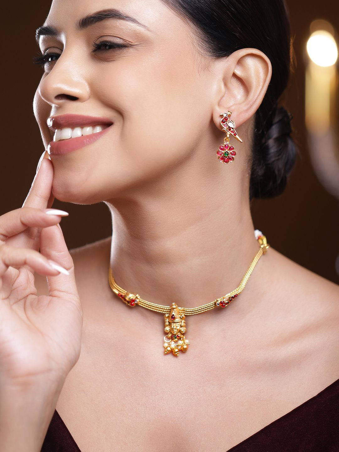 Rubans 22K Gold-Plated Ruby Red & Emerald Green Stone Studed Lord Balaji Temple Choker Set