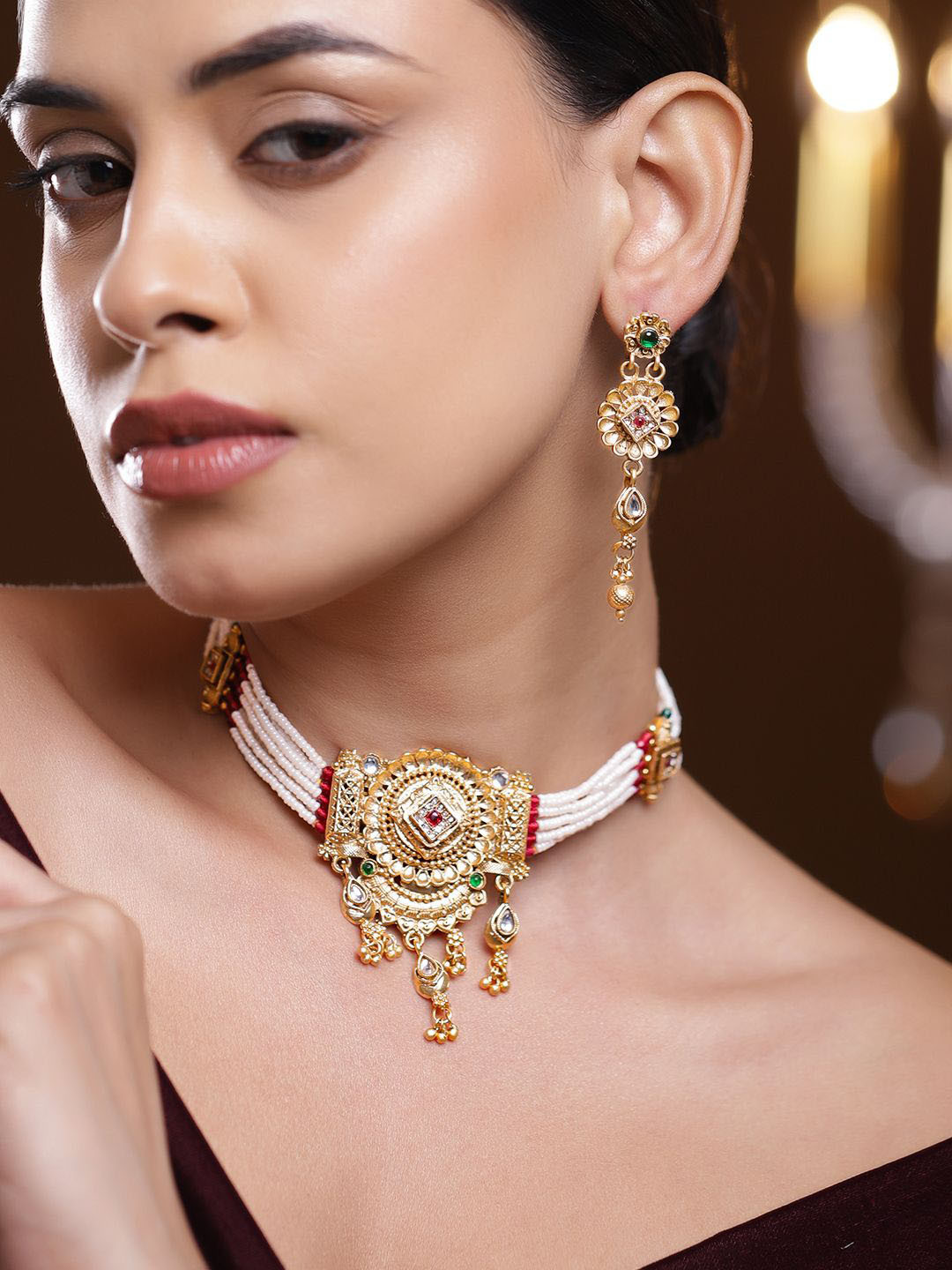 Rubans 22K Gold-Plated White Beaded Floral Choker Set with Ruby Pink & Emerald Green Stone