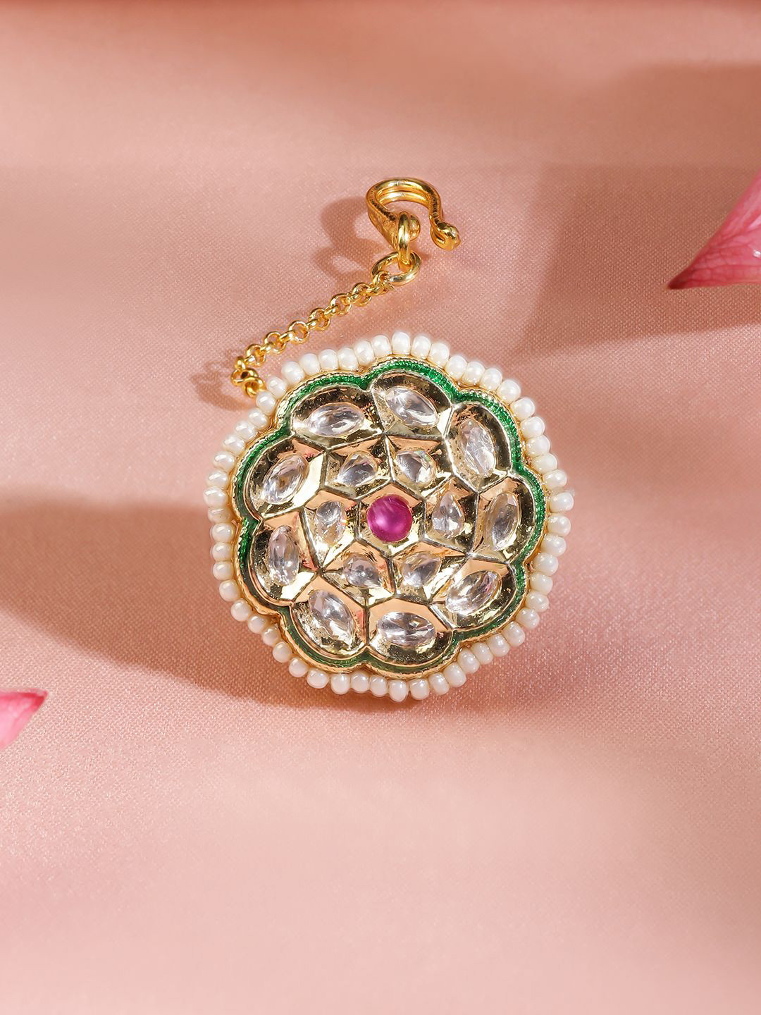 Rubans 22K Gold-Plated Kundan & Ruby Pink Stone Borla Maang Tikka with Pearl Beaded Border