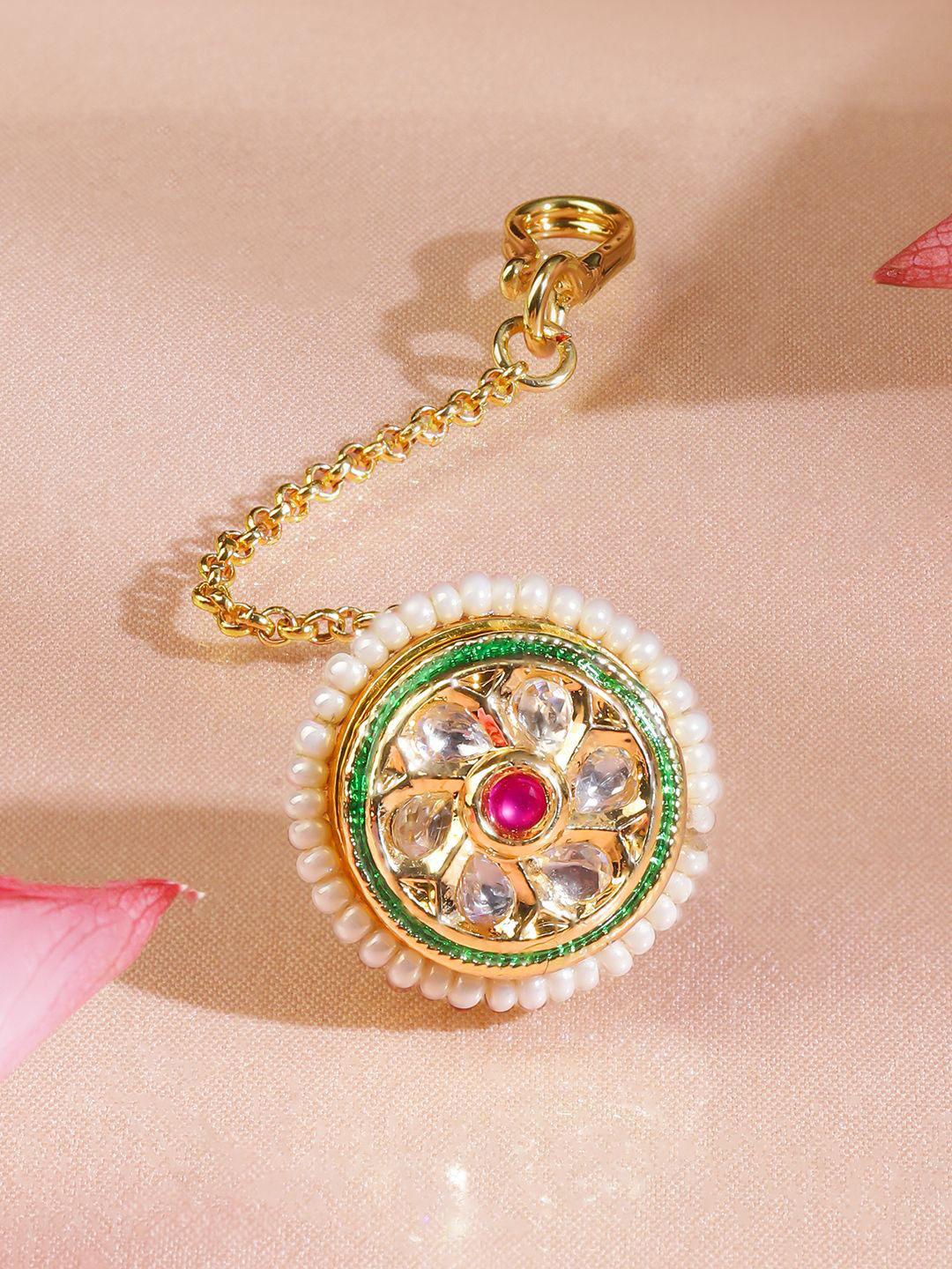Rubans 22K Gold-Plated Kundan & Ruby Pink Stone Pearl Edge Floral Borla Maang Tikka