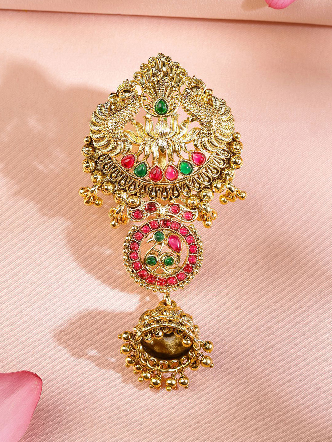 Rubans 18K Gold-Plated Ruby Pink & Emerald Green Braid Hair Accessory with Jhumka Drops