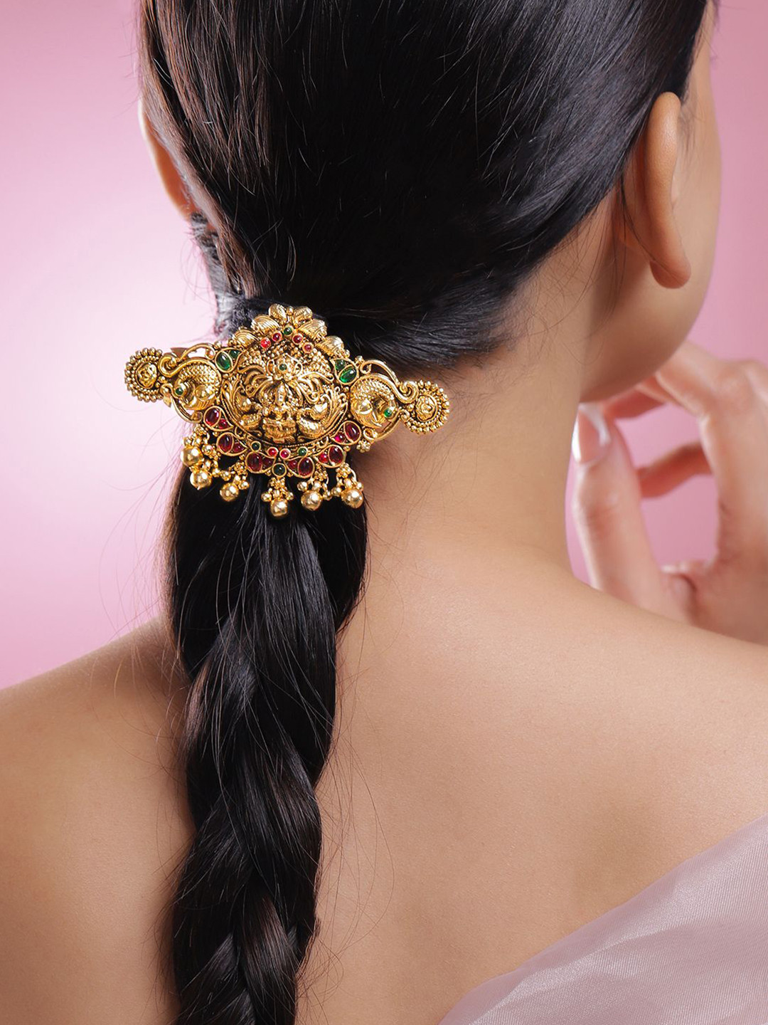 Rubans 22K Gold-Plated Ruby Pink & Emerald Green Stone Goddess Lakshmi Temple Hair Clip