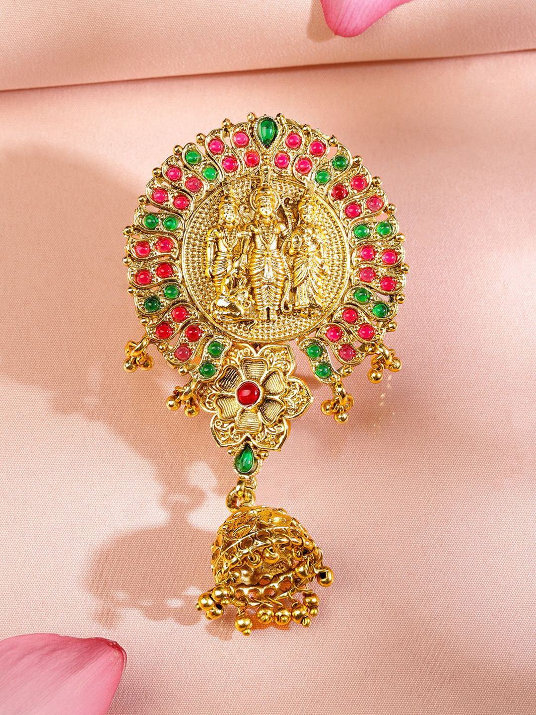 Rubans 22K Gold-Plated Ruby Pink & Emerald Green Ram Darbar Temple Braid Hair Accessory