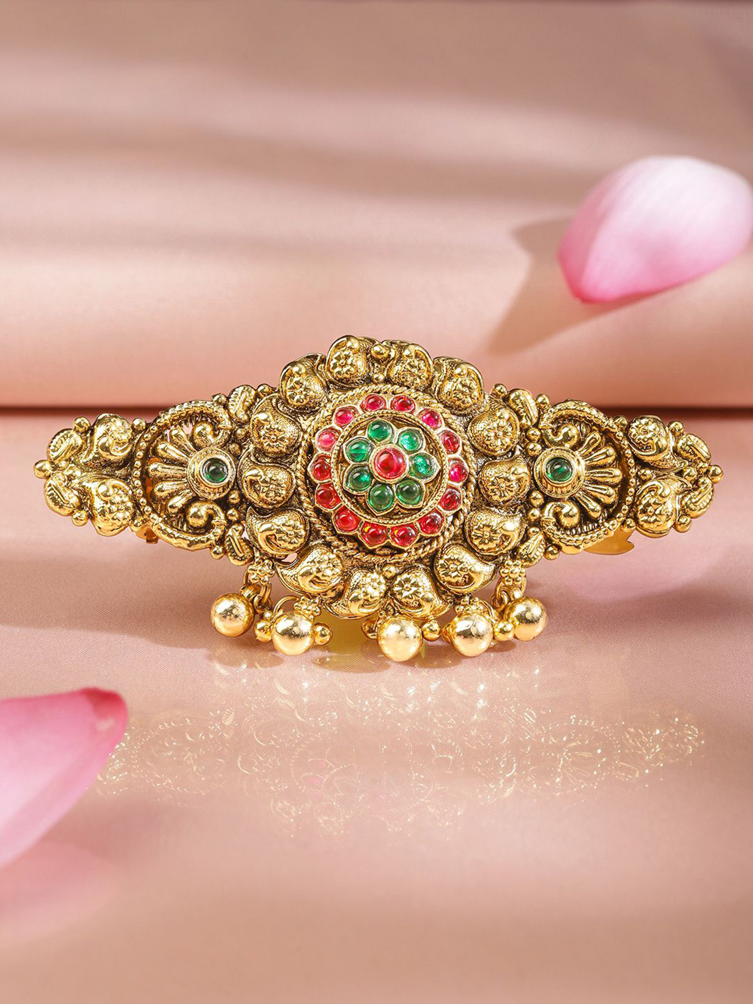 Rubans 22K Gold-Plated Ruby Pink & Emerald Green Stone Studded Floral Design Hair Clip