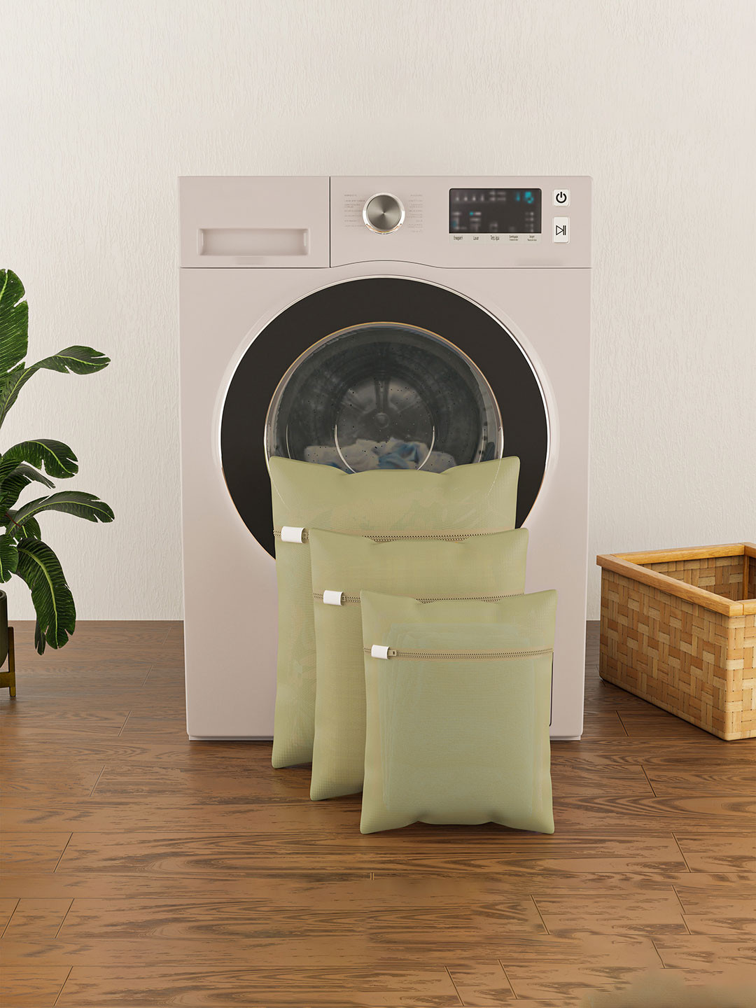 Aura 3Pcs Beige Reusable Mesh Laundry Bags With Zipper