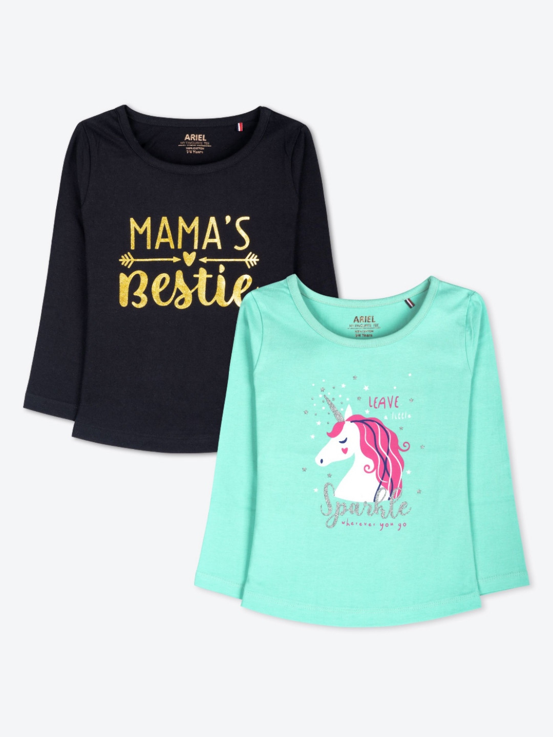 ariel Girls Pack of 2 Typography Round Neck Regular Fit Printed Cotton T-shirts