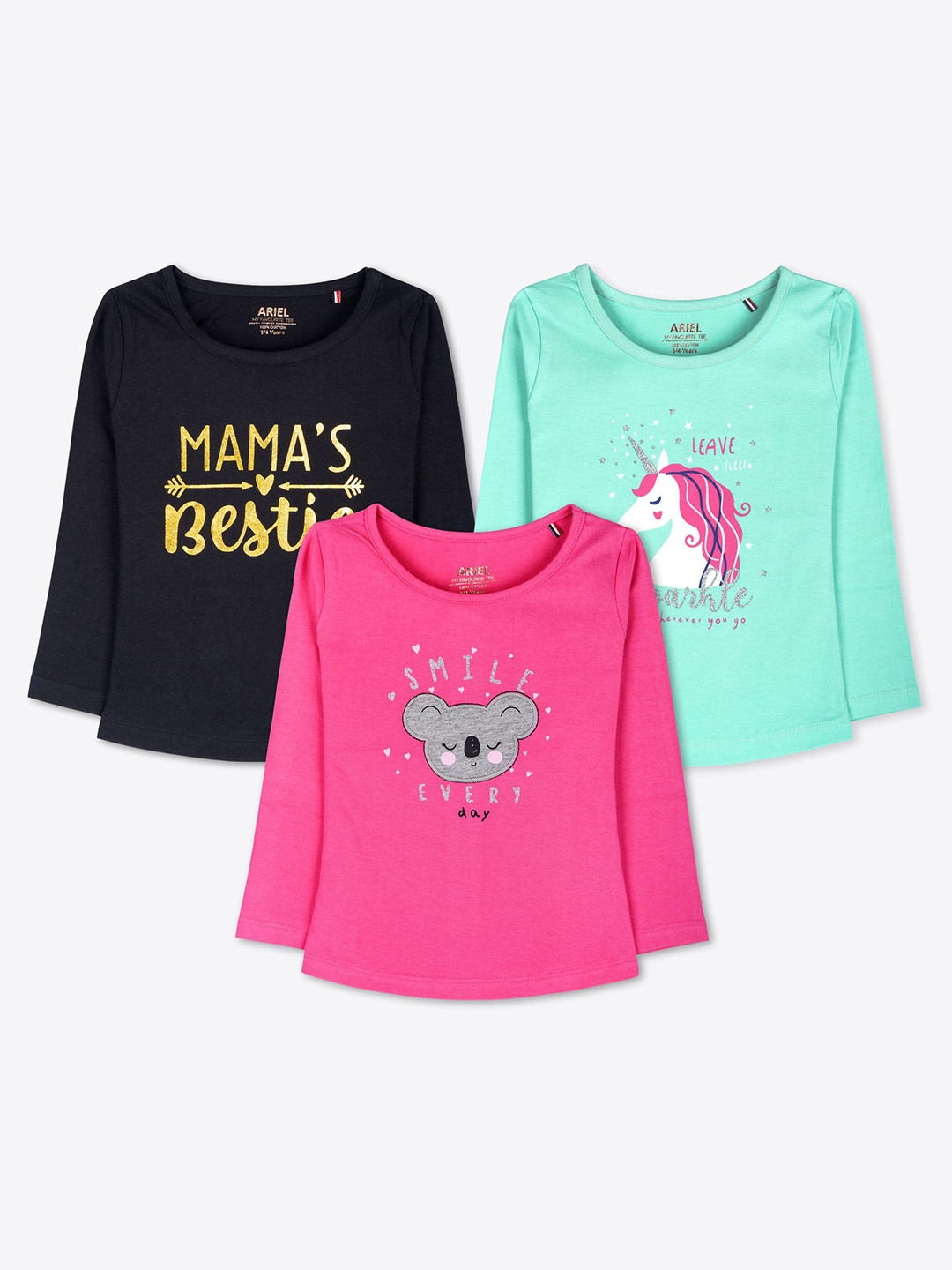 ariel Girls Pack Of 3 Humour and Comic Printed Round Neck Pure Cotton Casual T-shirts