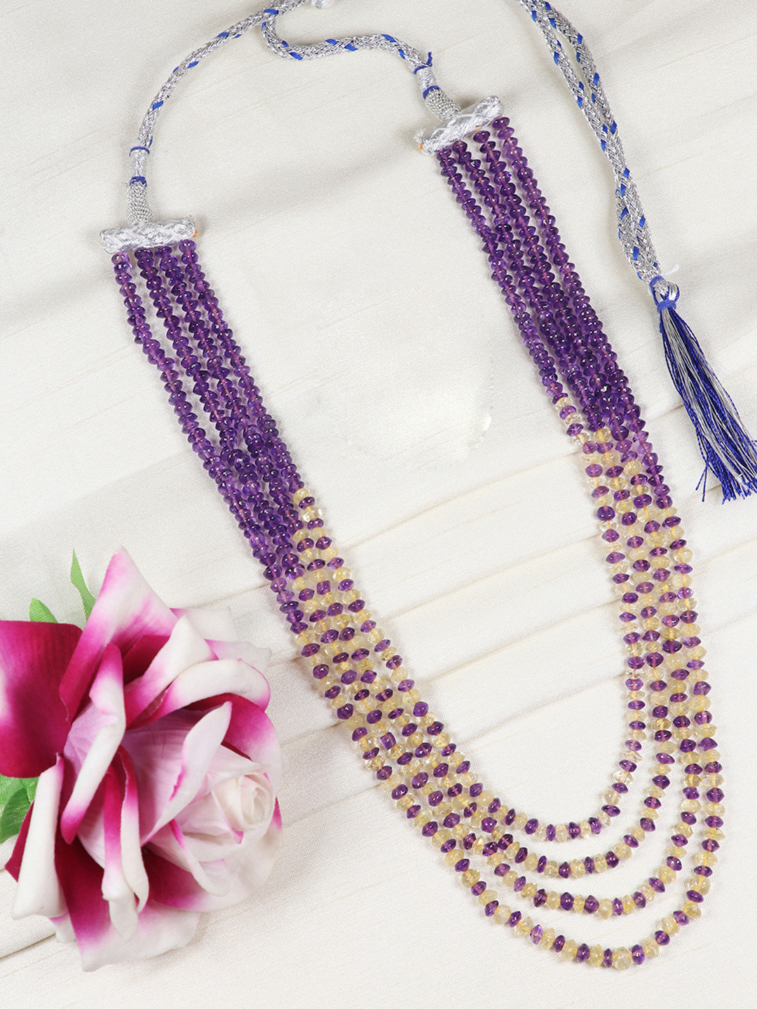 Raj Gems Amethyst & Citrine Gemstone Rondelle Beaded Necklace
