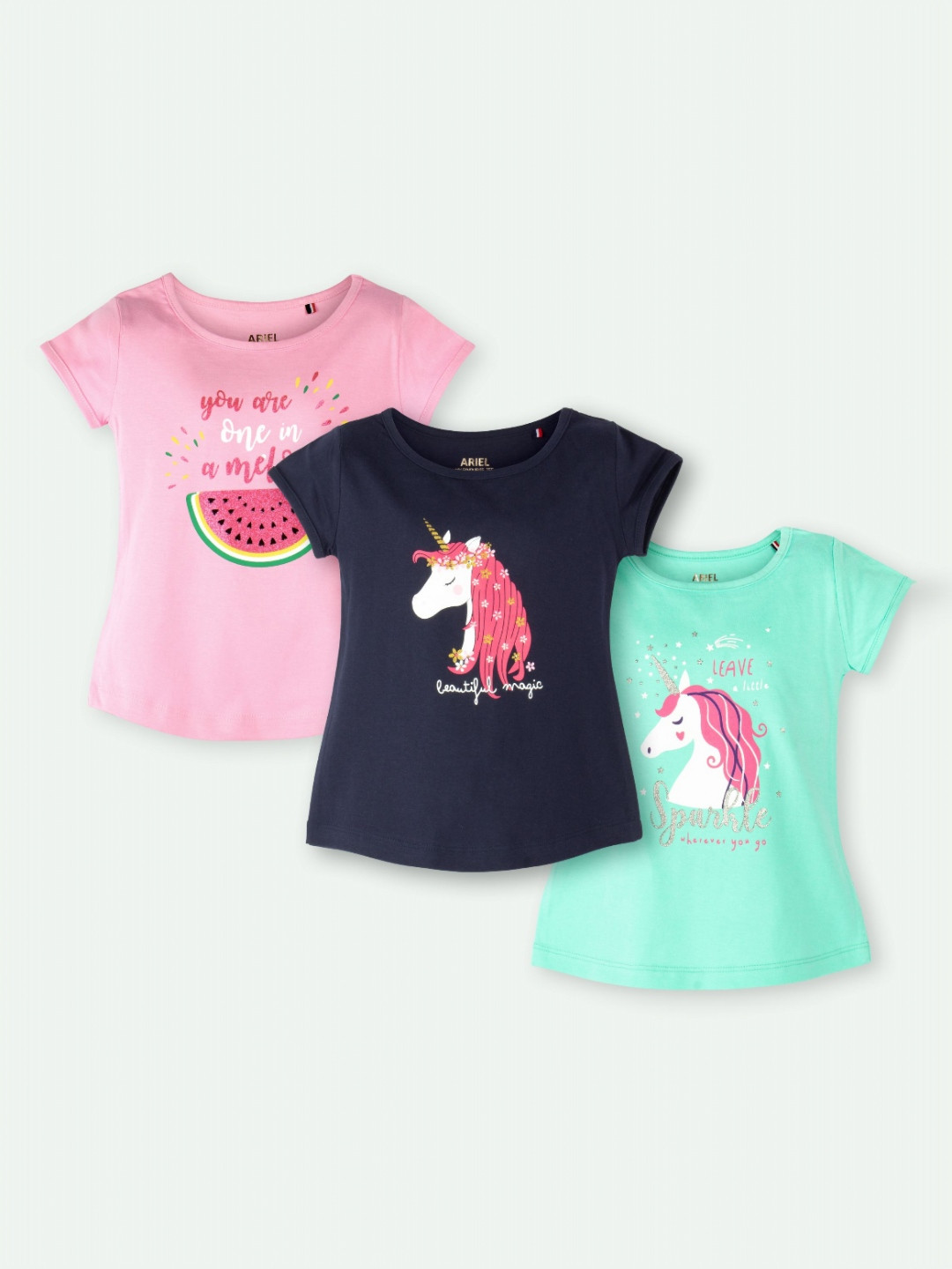 ariel Girls Pack Of 3 Graphic Round Neck Regular Fit Printed T-shirt