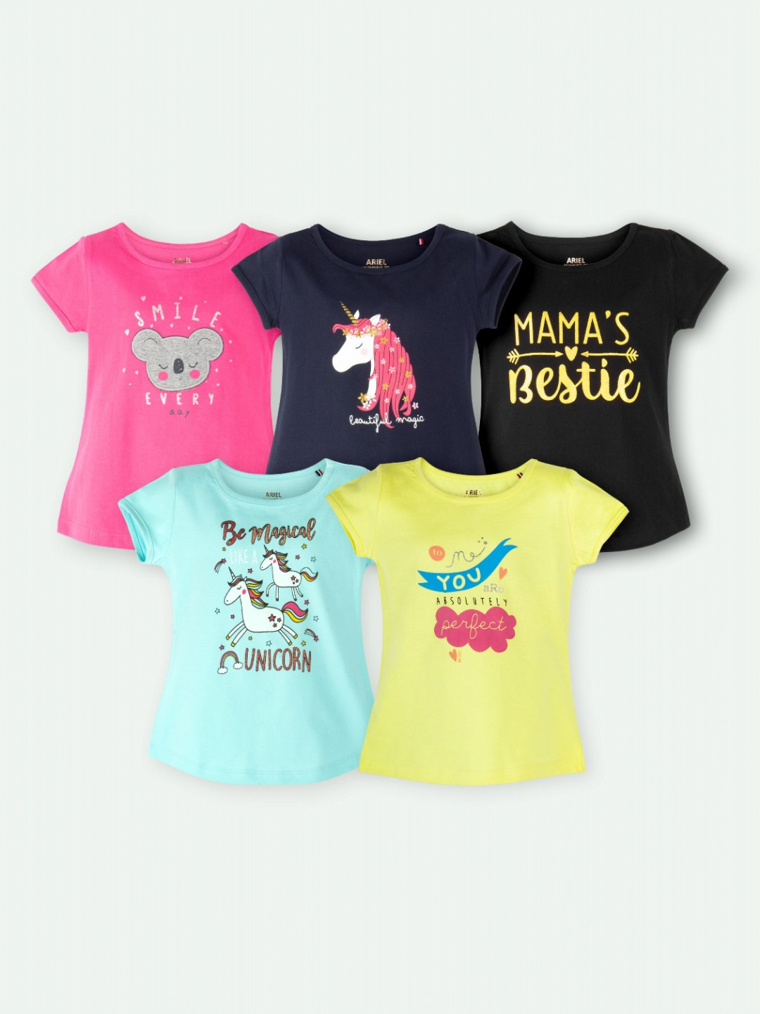 ariel Girls Pack Of 5 Humour and Comic Printed Round Neck Pure Cotton Casual T-shirts
