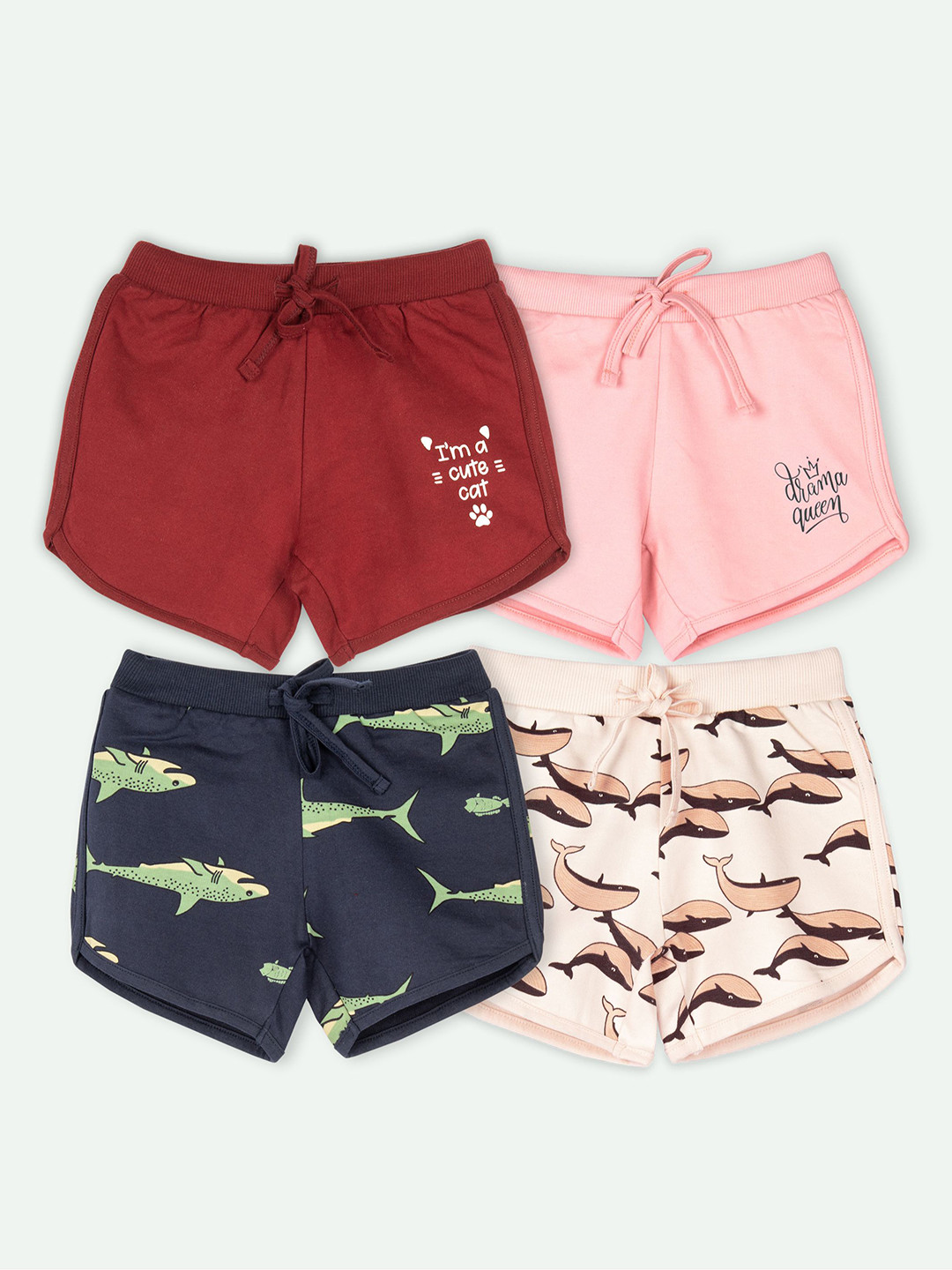 ariel Girls Pack Of 4 Graphic Printed Regular Fit Mid-Rise Cotton Shorts