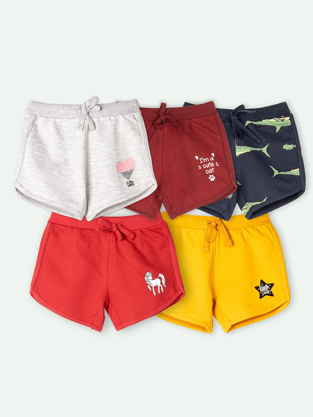 ariel Girls Pack Of 5 Cotton Printed Shorts