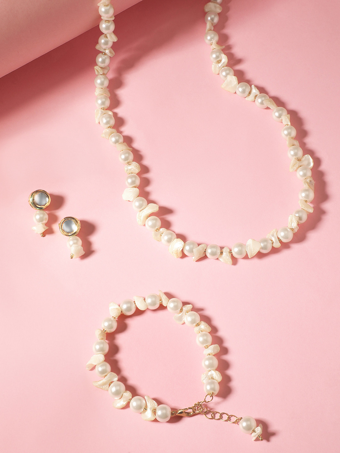 Mansiyaorange Pearl Beaded Necklace, Bracelet & Stud Earrings