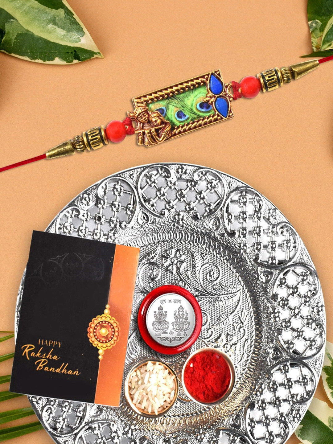 Rakhi Combo with Silver Color Pooja Thali, Pooja Coin, Roli Chawal & Greeting Card