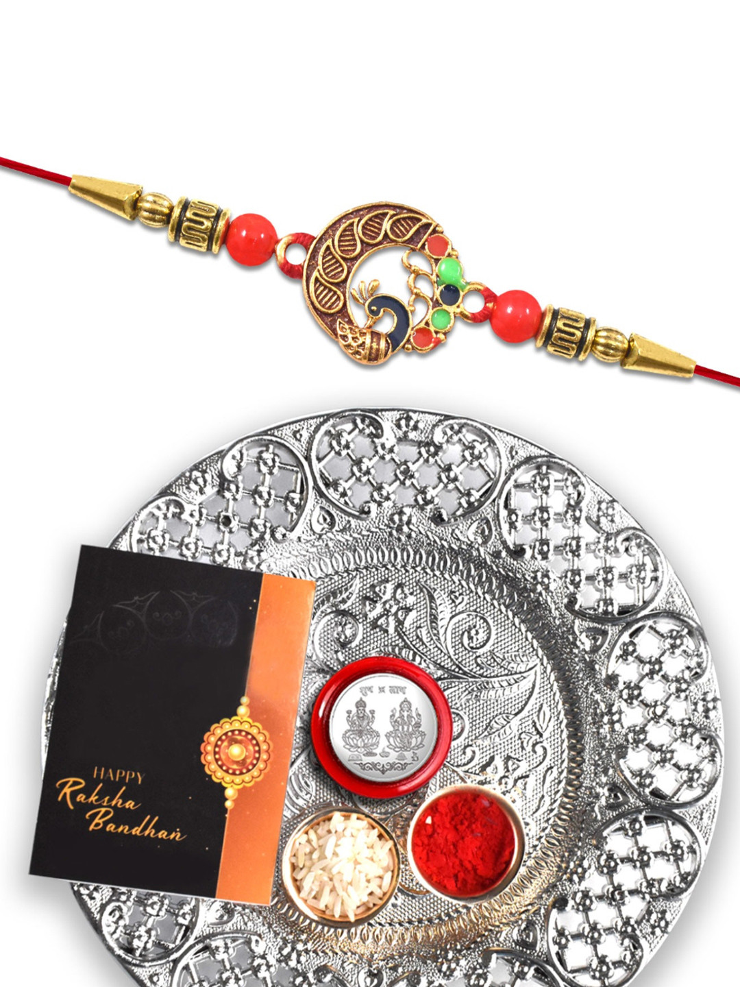 Multicolor Rakhi Combo with Pooja Thali, Pooja Coin, Roli Chawal & Greeting Card