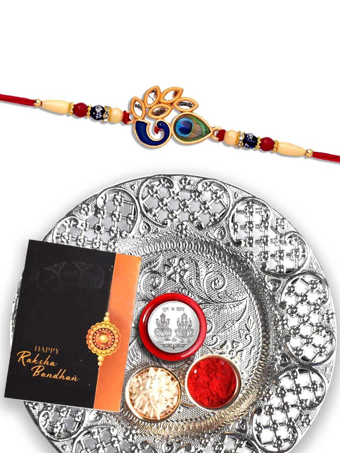 Rakhi Combo with Silver Color Pooja Thali, Pooja Coin, Roli Chawal & Greeting Card