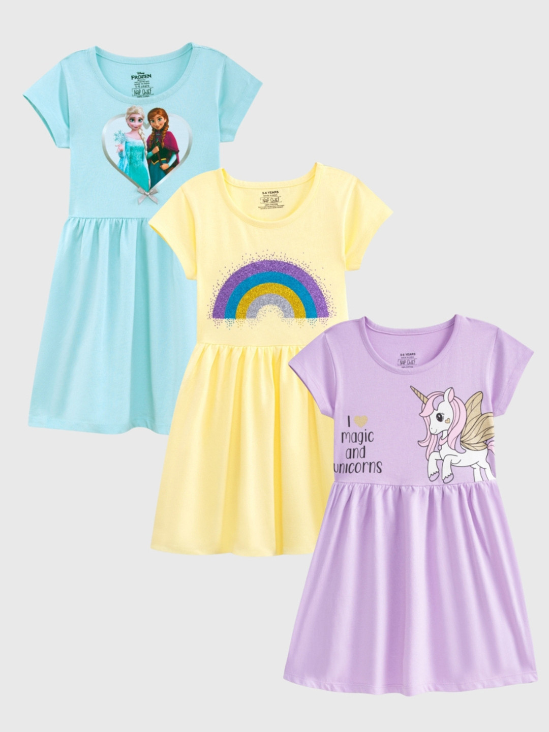Nap Chief Pack of 3 Girls Elsa Rainbow Unicorn Printed Pure Cotton Fit & Flare Dress