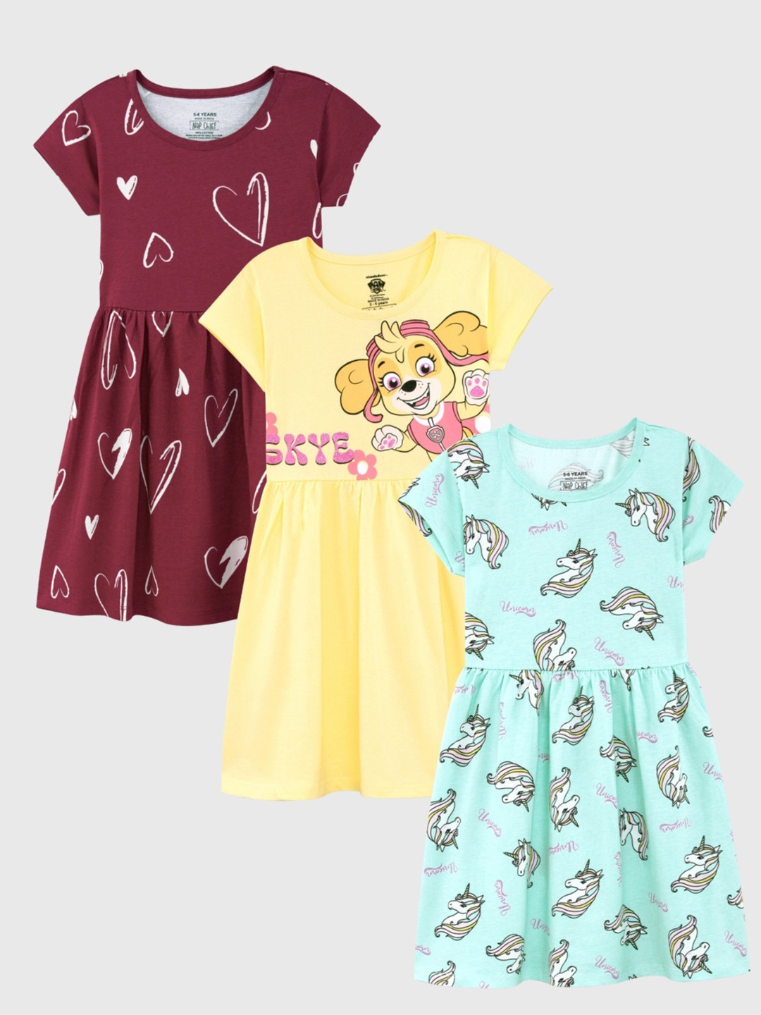 Nap Chief Pack of 3 Girls Sketchy Heart Skye Unicorn Printed Pure Cotton Fit & Flare Dress