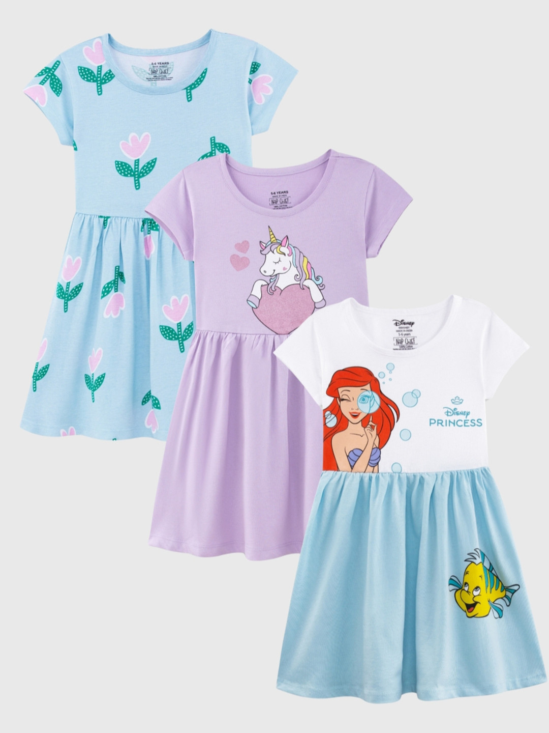 Nap Chief Pack of 3 Girls Tiny Tulips Ariel Unicorn Printed Pure Cotton Fit & Flare Dress