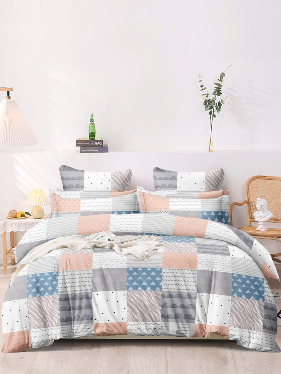 Aura Grey Geometric Cotton 350 TC Fitted King Superfine Bedsheet with 2 Pillow Covers-250 x 215 cm