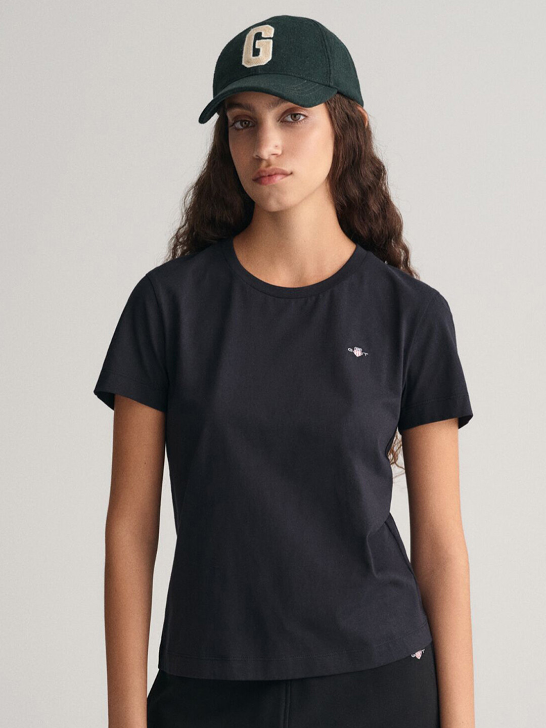 GANT Black Women Solid Regular Fit Round Neck Pure Cotton Stretchable Shield T-Shirt