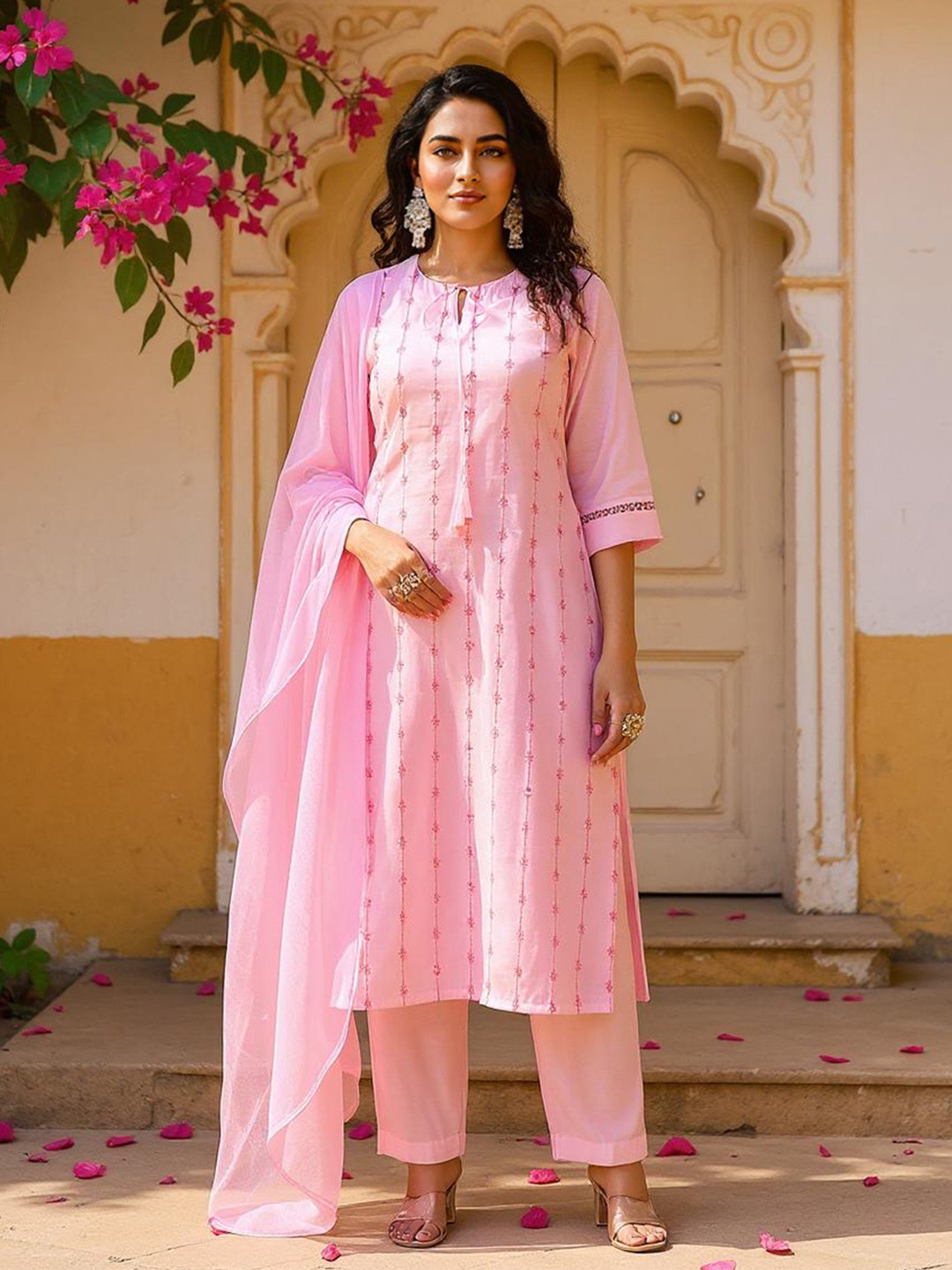 SZN Women Striped Cotton Blend Kurta with Trousers & With Dupatta