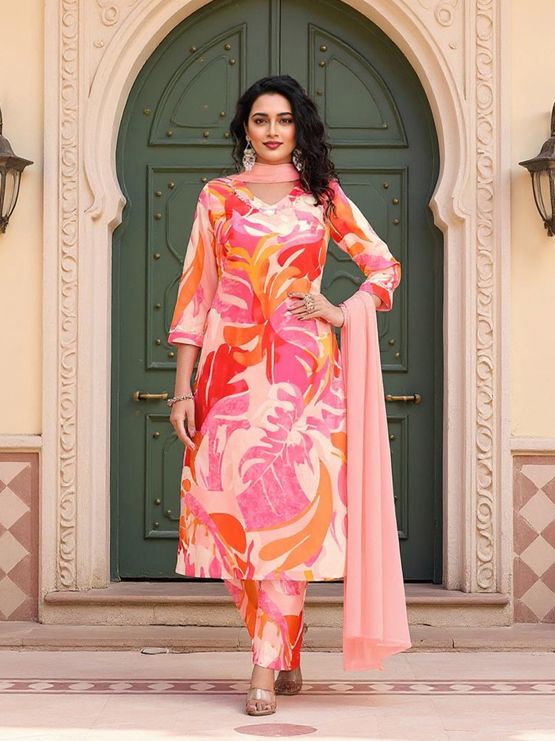SZN Floral Printed V-Neck Straight Kurta With Trousers And Dupatta