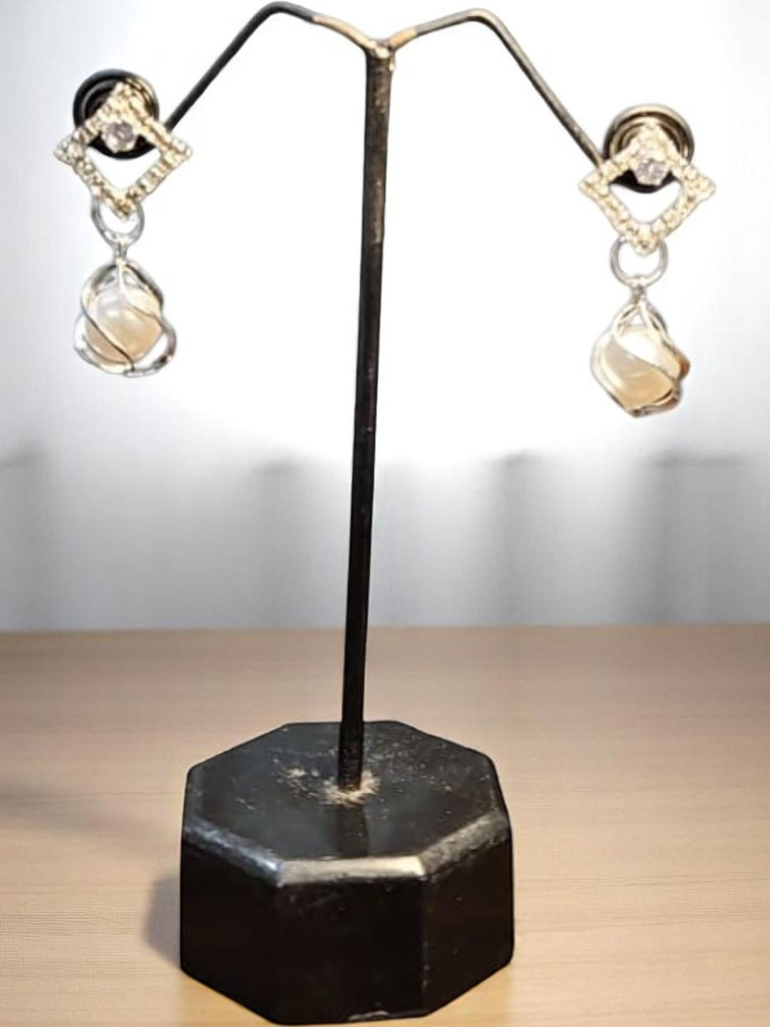 PUCHKOO  Silver Plated Pearls Beaded & Stone Studded Square Shaped Drop Earrings