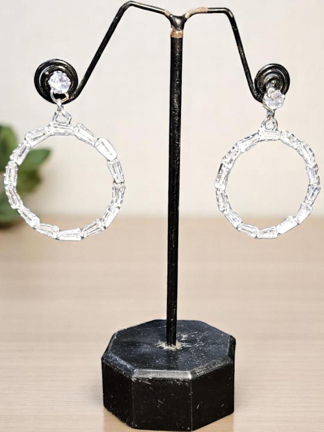 PUCHKOO Silver-Plated Artificial Stones Studded & Beaded Circular Shaped Drop Earrings