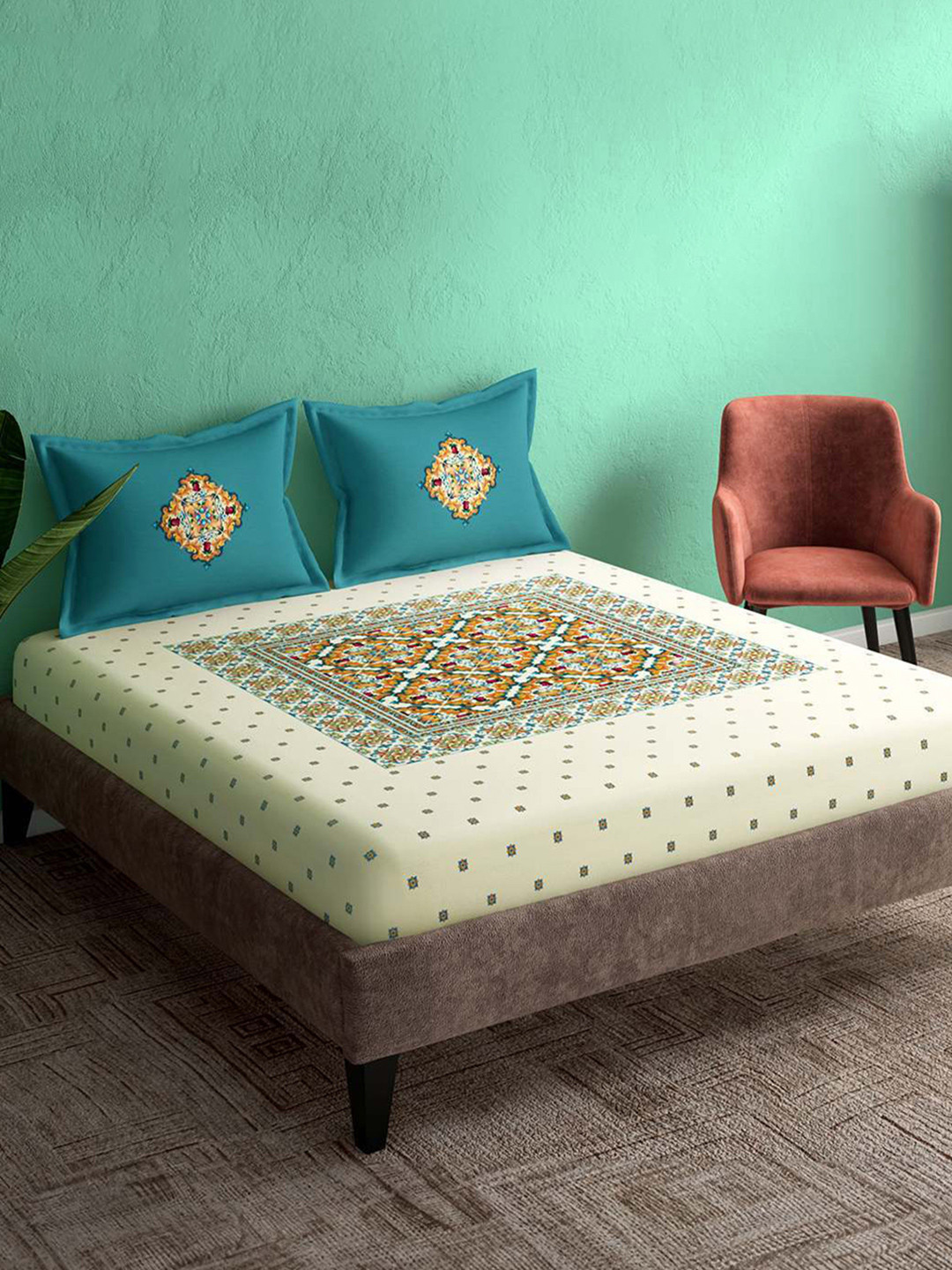 Portico Ceramica Off White Floral Cotton 164 TC Super King Bedsheet Set-2.74 m x 2.74 m