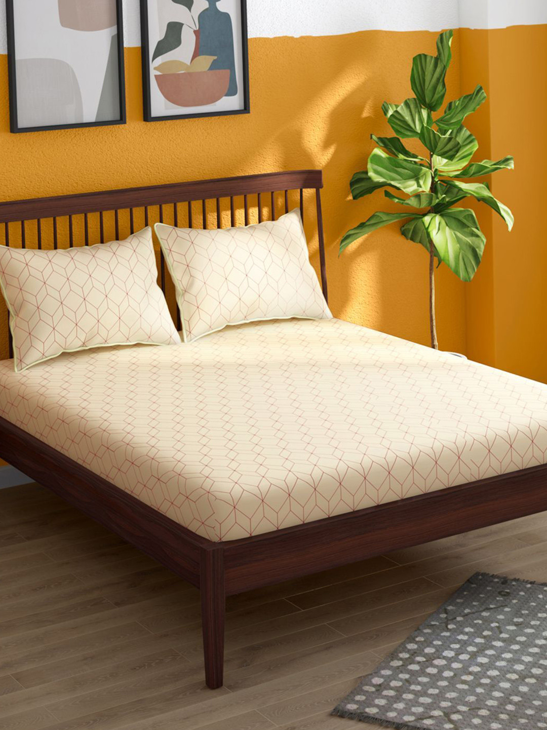 Portico Hashtag Off White & Red Printed Cotton 152 TC Super King Bedsheet Set 2.74 x 2.29m