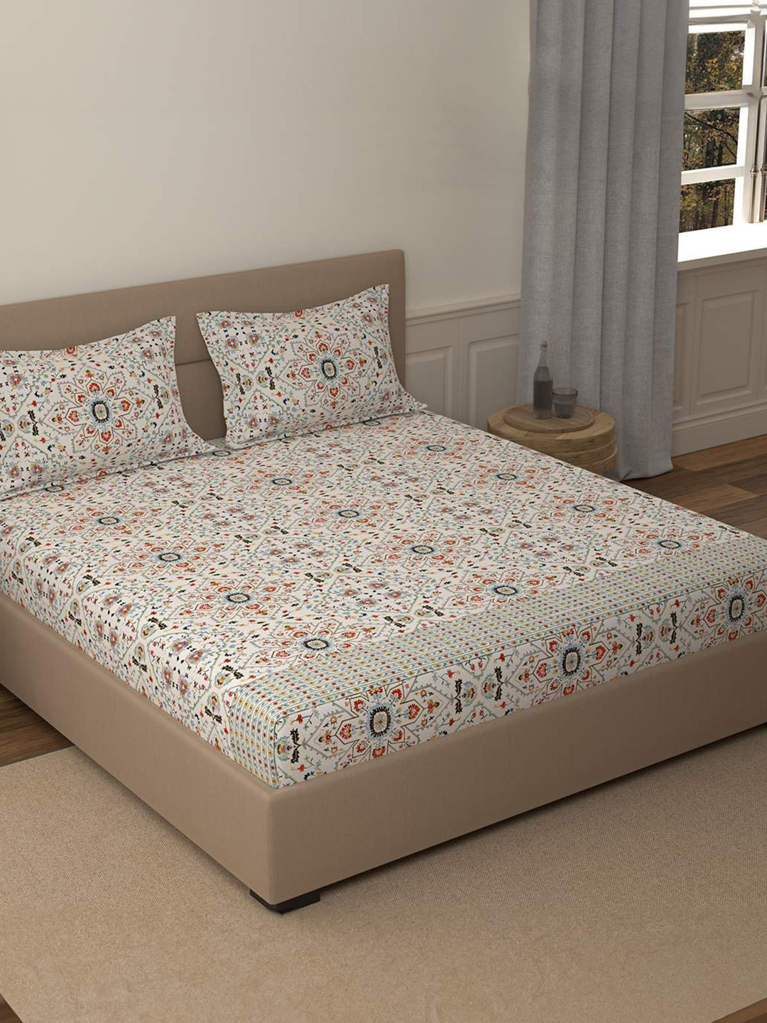 Portico Cream-Coloured & Red Ethnic Motifs 210 TC Bedsheet with 2 Pillow Covers