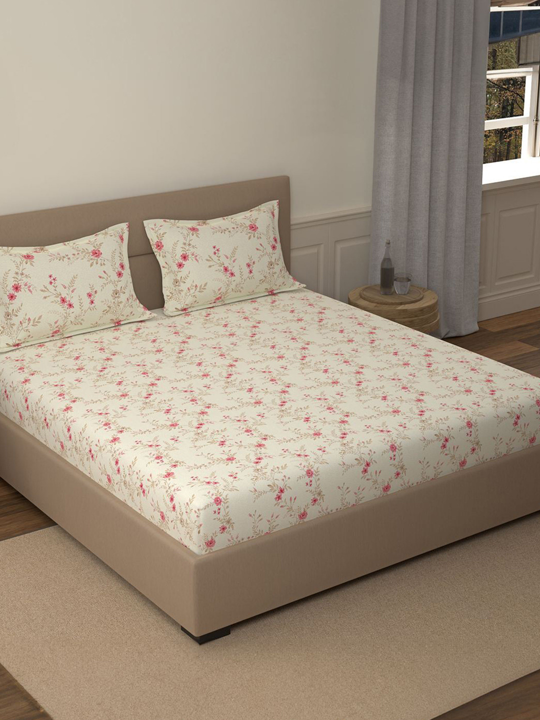 Portico Garden of Eden Cream Printed Cotton 300 TC Super King Bedsheet Set 2.74 x 2.74m