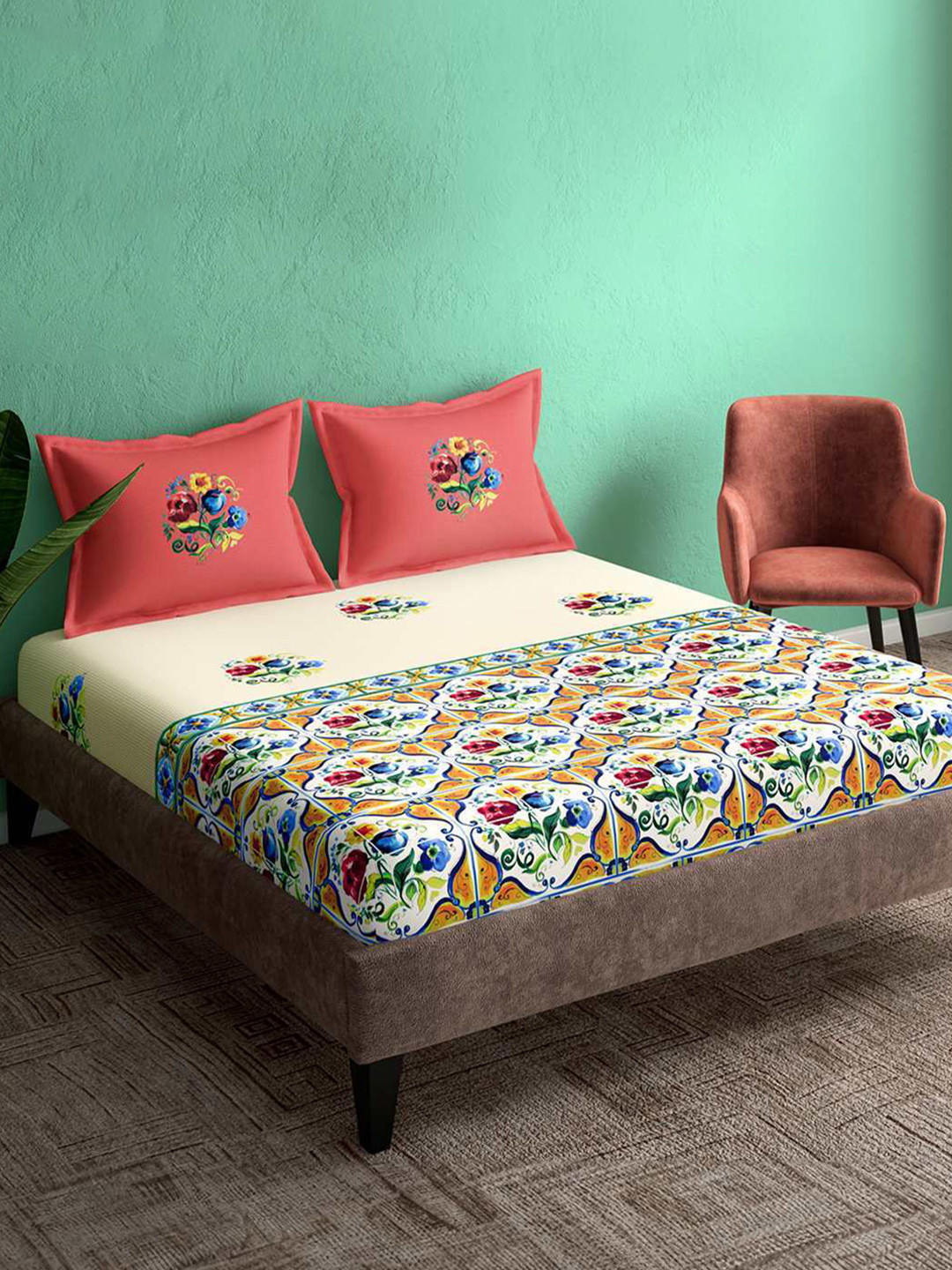 Portico Ceramica Coral Floral Cotton 164 TC Super King Bedsheet Set-2.74 m x 2.74 m