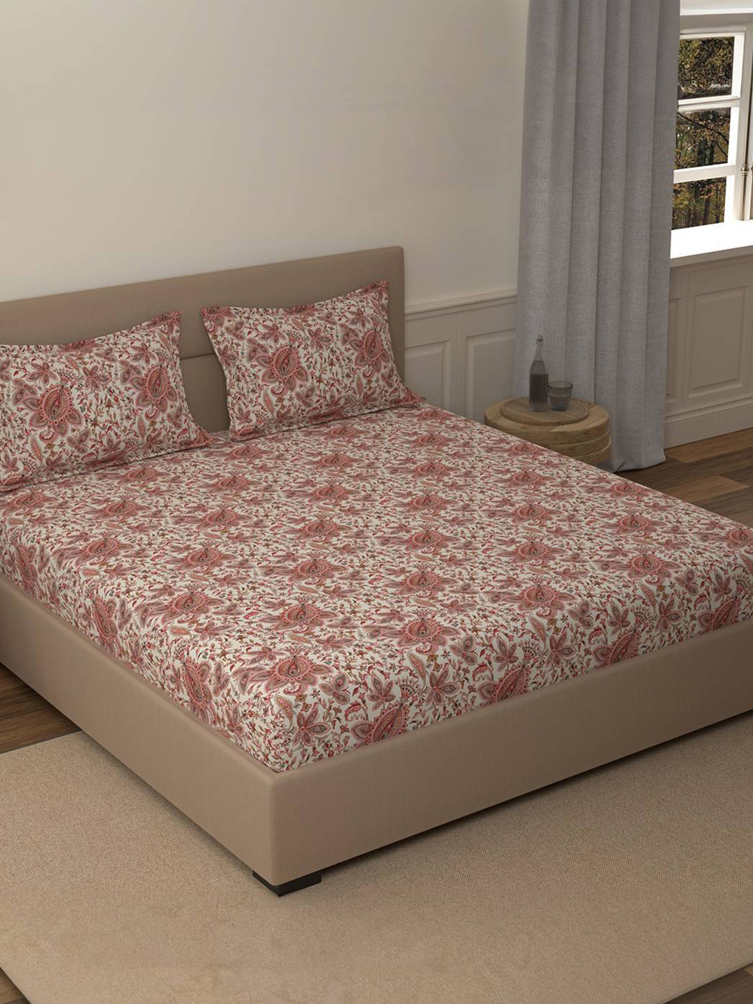 Portico Vibrant Aura (Folkore) Maroon Ethnic Cotton 210 TC King Bedsheet Set-2.74mx2.74m