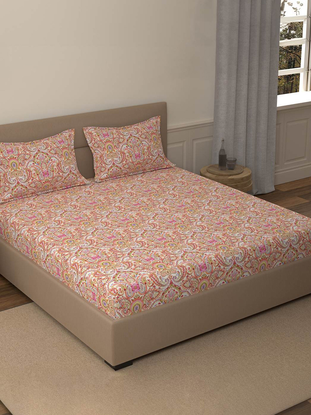 Portico Peach-Coloured & Pink Ethnic Motifs 210 TC Bedsheet with 2 Pillow Covers