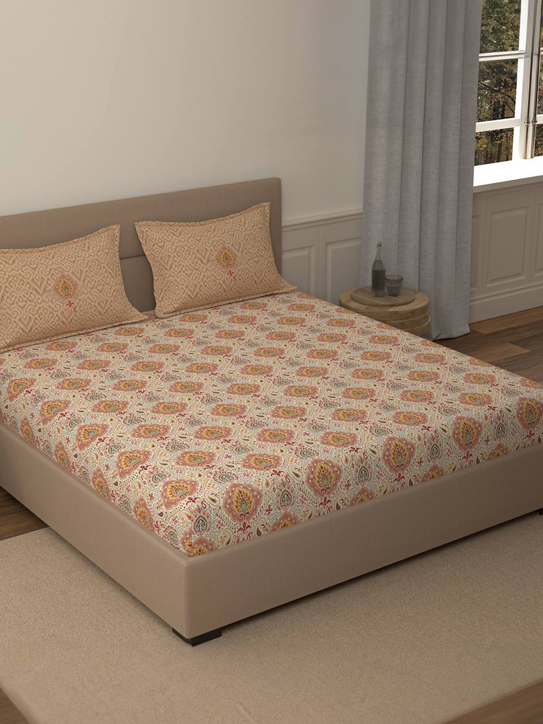 Portico Vibrant Aura (folkore) Brown Ethnic Cotton 210 TC King Bedsheet Set-2.74mx2.74m