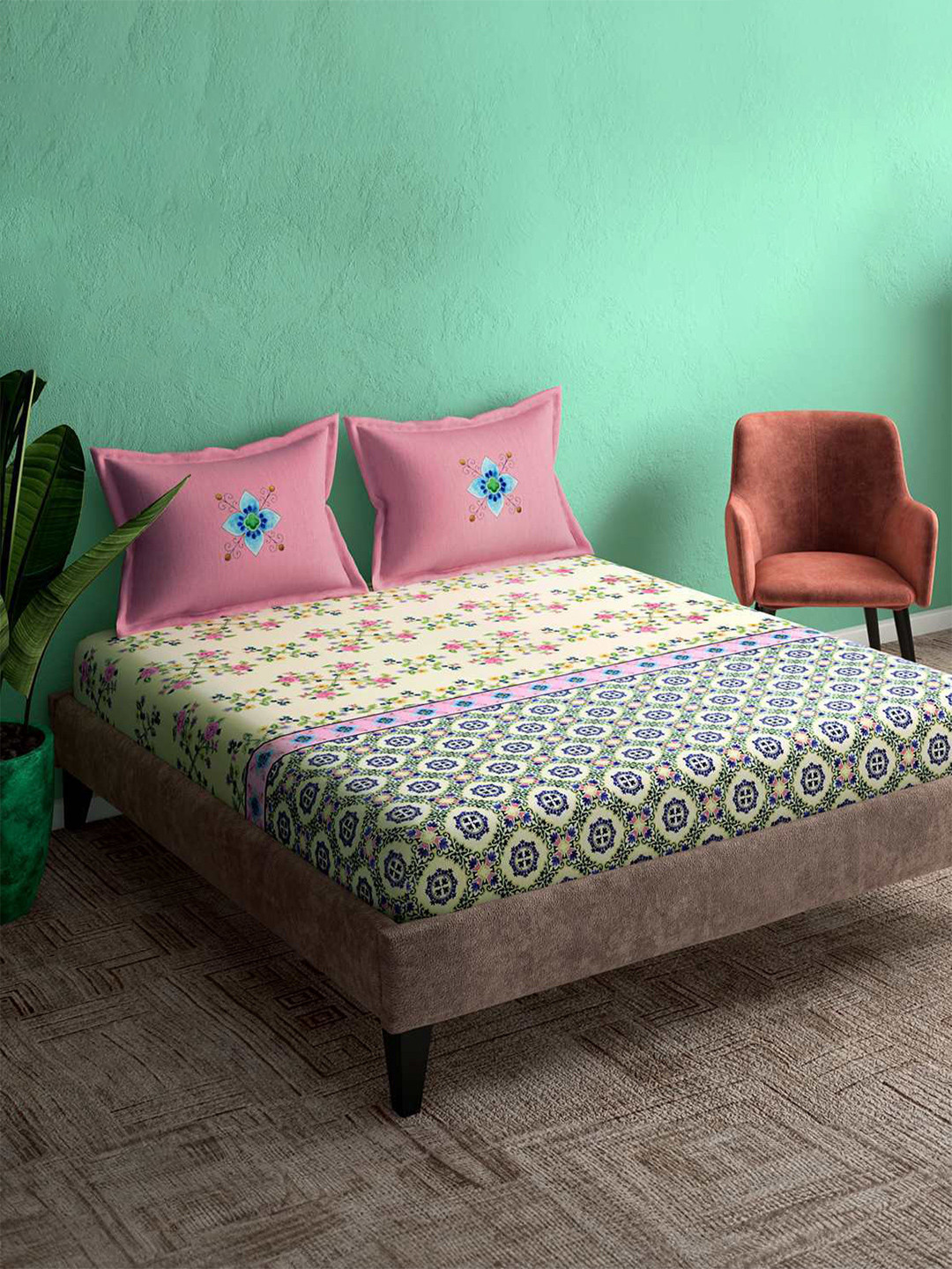 Portico Ceramica Pink & Blue Floral Cotton 164 TC Super King Bedsheet Set-2.74 m x 2.74 m