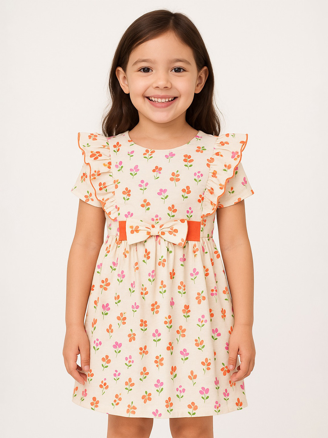 JusCubs Girls Floral Printed Flutter Sleeve Cotton Fit & Flare Dress s with Bow Details