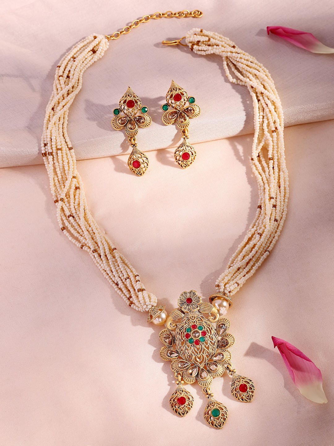 ADIVA 22K Gold-Plated Kundan Studded & Beaded Jewellery Set