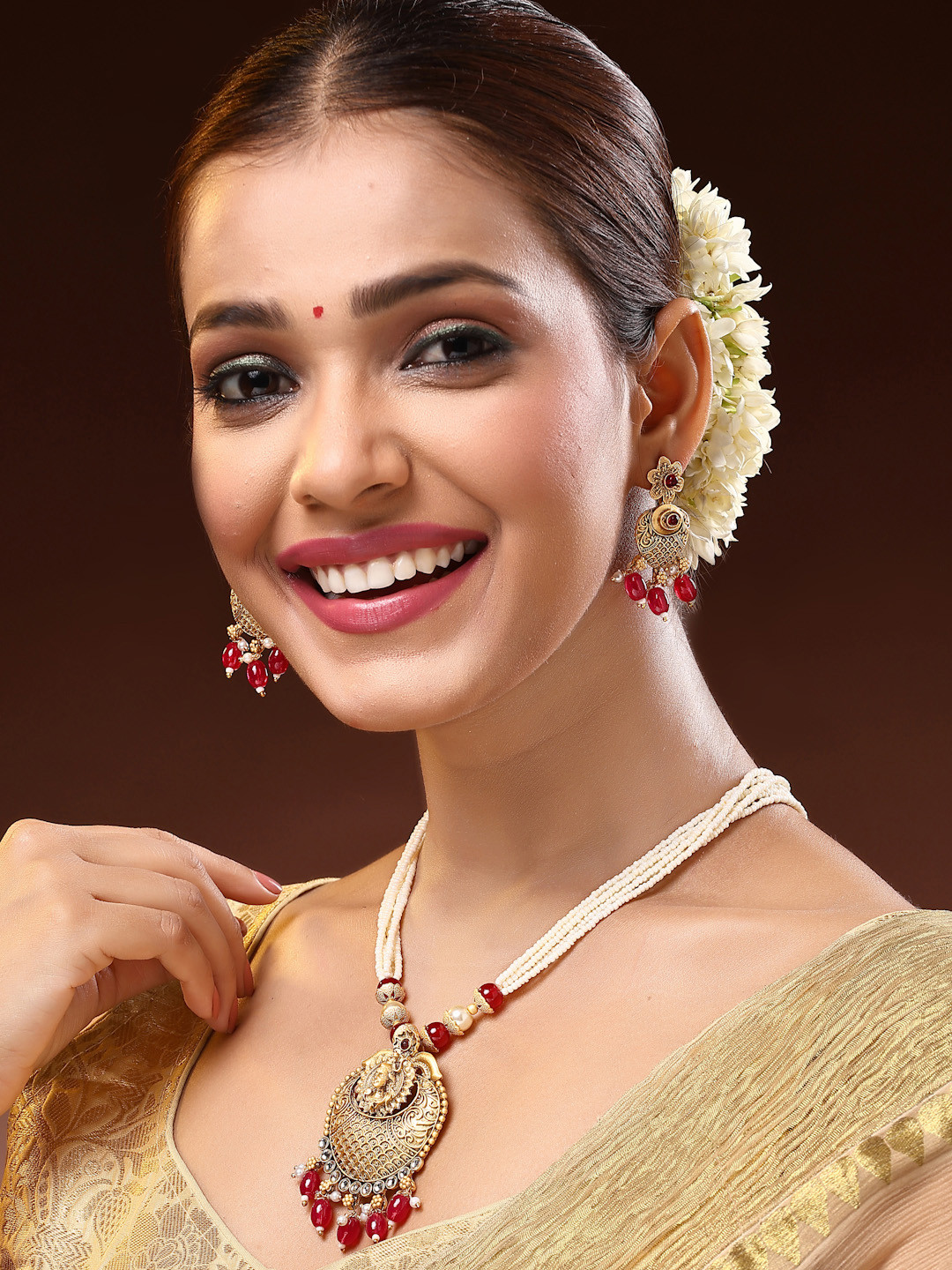 ADIVA 22K Gold-Plated Lord Shiva Kundan Stone & Pearls Beaded Jewellery Set