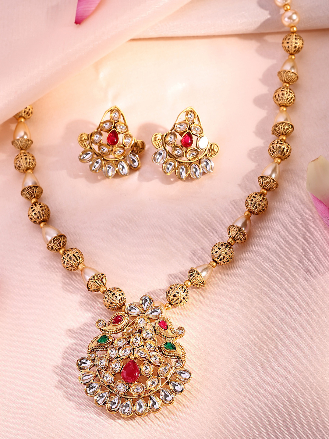 ADIVA 22K Gold-Plated Kundan Stone & Pearls Beaded Jewellery Set