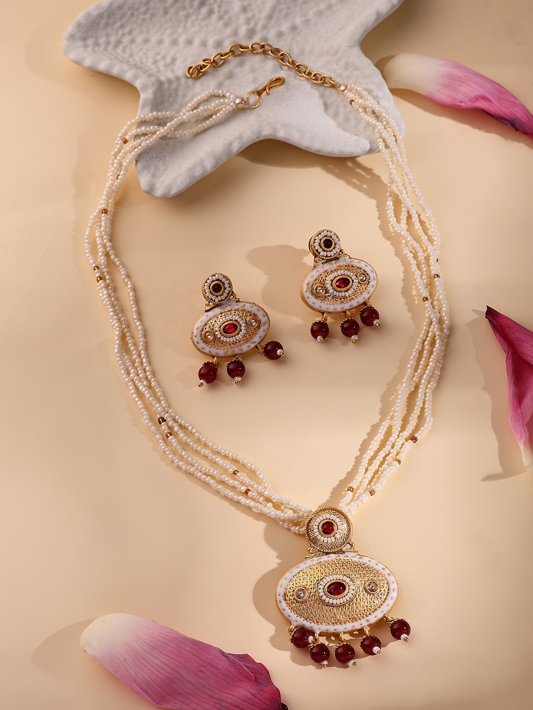 ADIVA 22K Gold-Plated Meenakari Multistrand with Pearl and Beads Handcrafted Jewellery Set