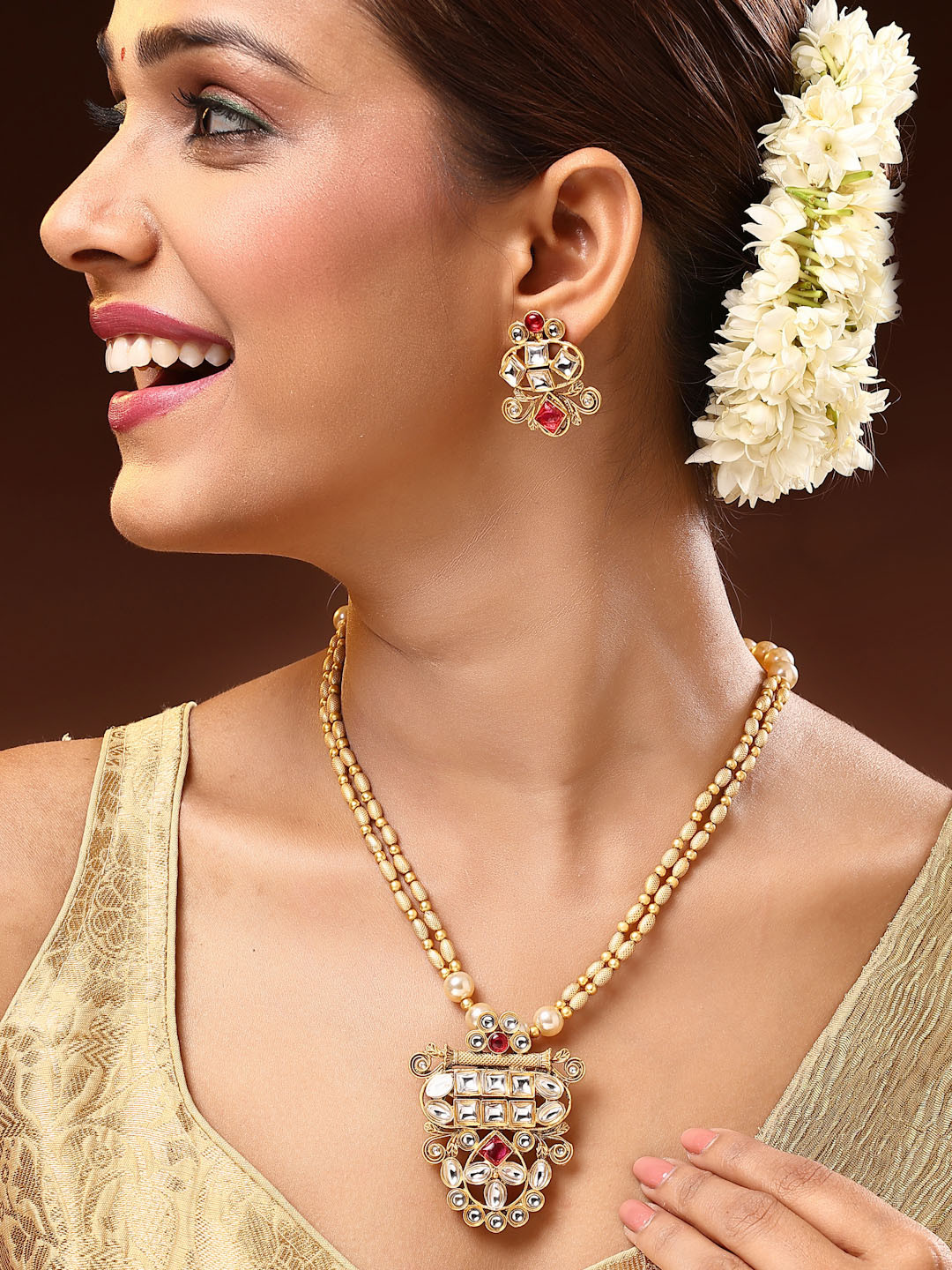 ADIVA 22K Gold-Plated Kundan Ruby Stone & Pearl Beads Jewellery Set
